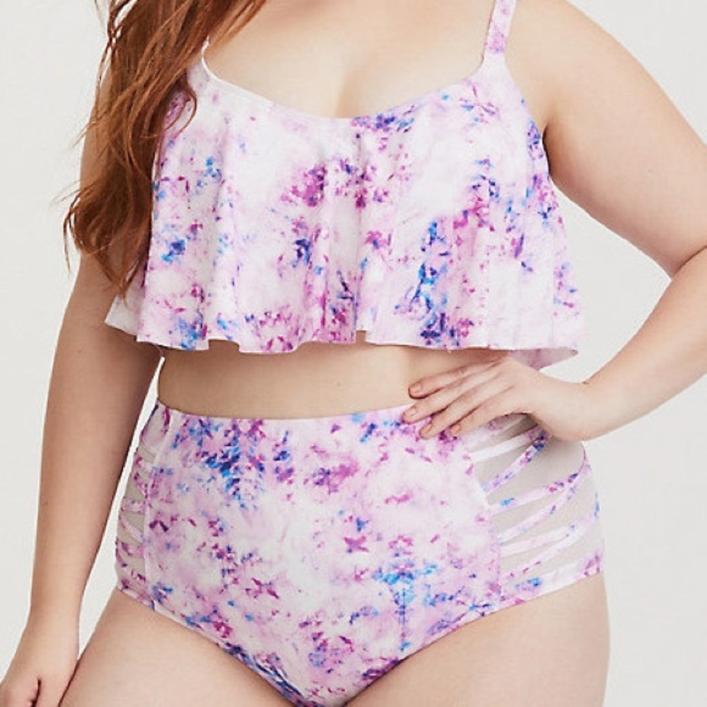 TORRID pink purple tie dye flounce matching bikini set, 1X.